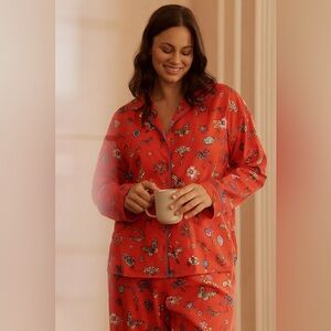 Anthropologie LyreBird Cloud Flannel XXS PJ Top Red Floral Butterfly ButtonDown